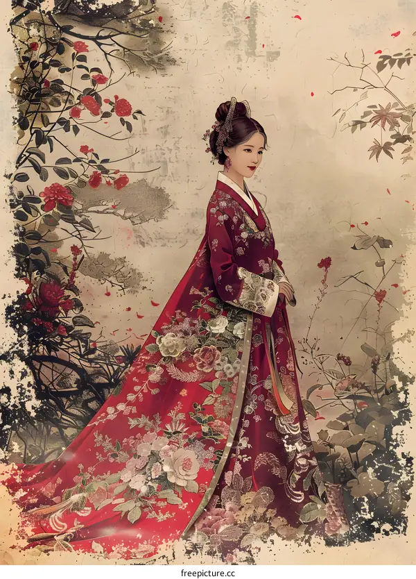 A digital painting of a woman in a red dress with traditional Chinese clothing and a white background with red and pink flowers.