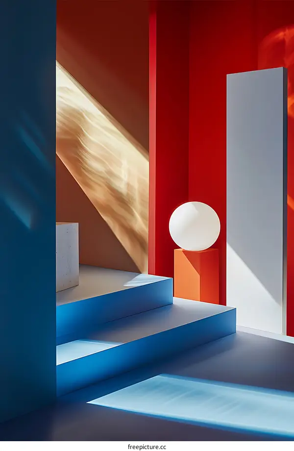 Minimalist Interior Design with Blue and Orange Steps and a White Globe Lamp