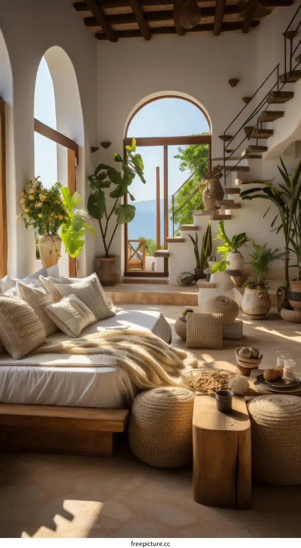 A beautiful living room with a large window overlooking the ocean