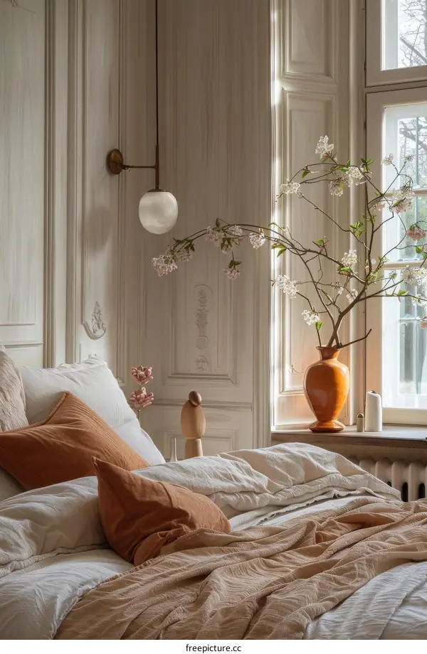 A beautiful bedroom with a large window, a vase of flowers, and a comfortable bed