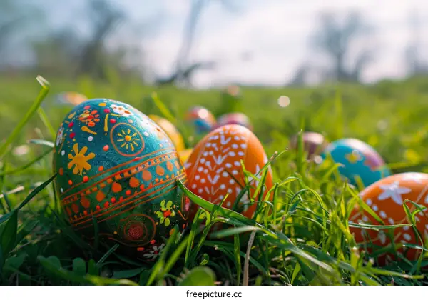 Ornate Easter eggs on green grass with blurred background