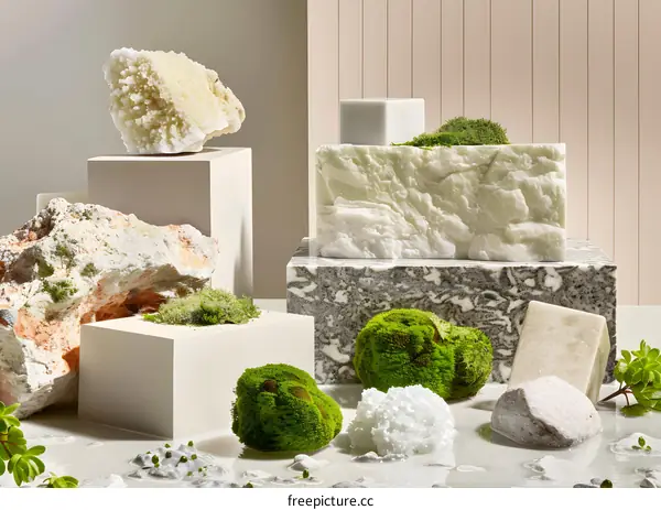 Green Moss and White Rocks on Marble Platforms Still Life Photography