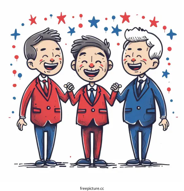 Three businessmen of different political parties holding hands