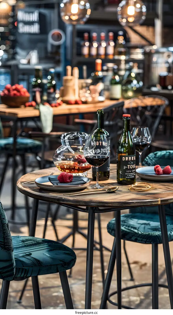 Table with Two Wine Bottles and Glasses in a Restaurant