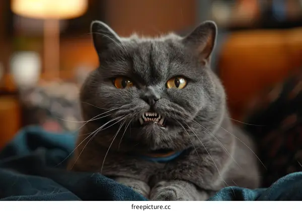 A British Shorthair Cat With Sharp Teeth Staring At Camera