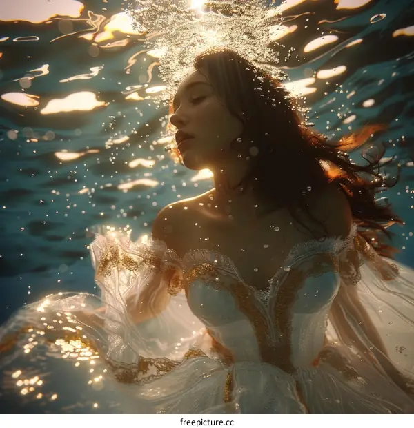 An ethereal underwater portrait of a woman in a white dress