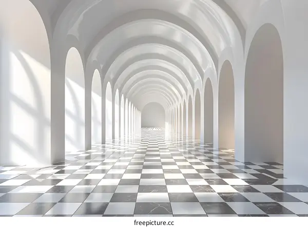 Modern Light and Shadow Black and White Interior Arch Hallway Corridor Tile Floor