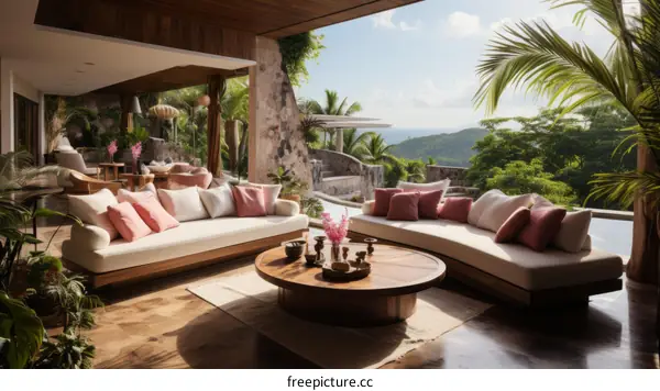 Modern luxury villa living room with stunning ocean views