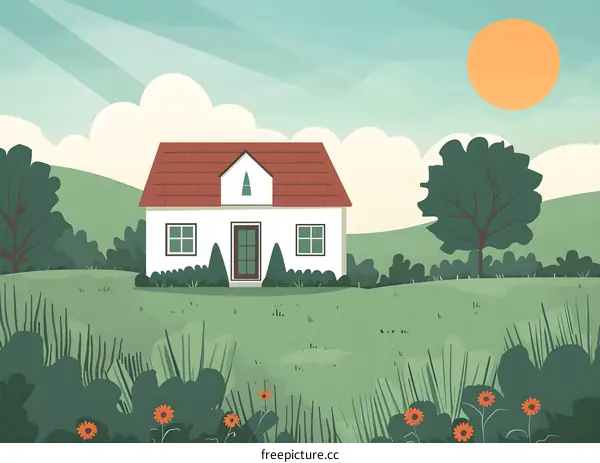 White Cottage in a Green Meadow with Sun