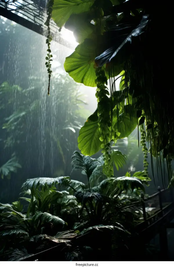 lush green leaves in a tropical rainforest with rain