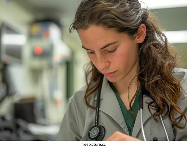 Young female veterinarian examining a dog