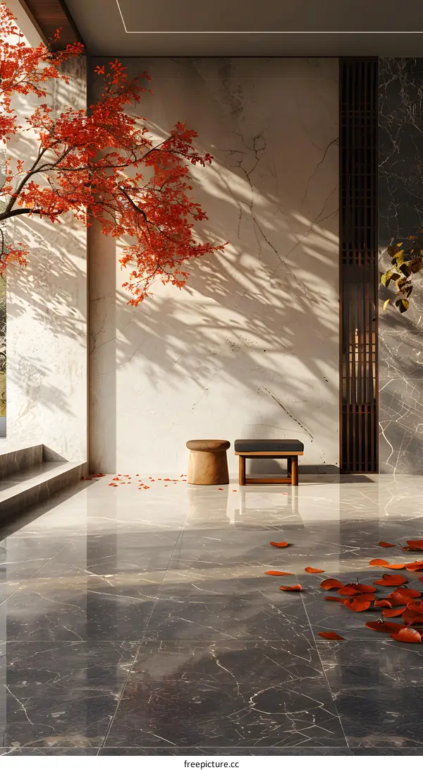 Red leaves falling in the hall