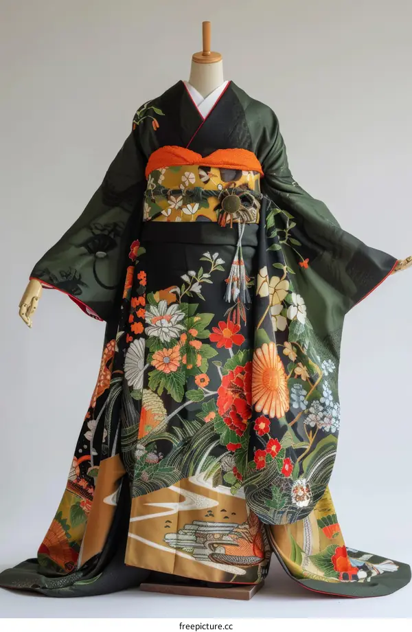 A woman wearing a kimono with a floral pattern