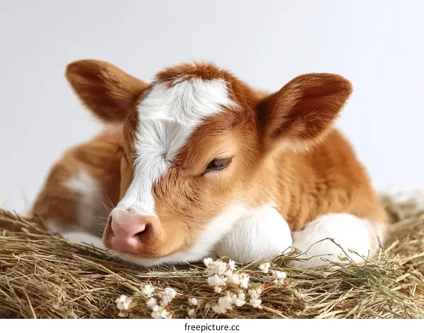 Adorable Baby Calf Nestled in Hay