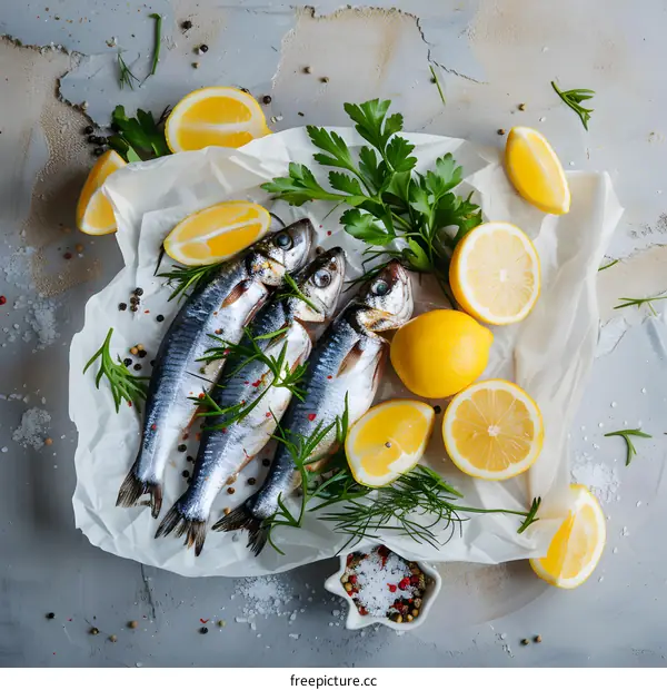 Fresh fish with lemon herbs spices and salt