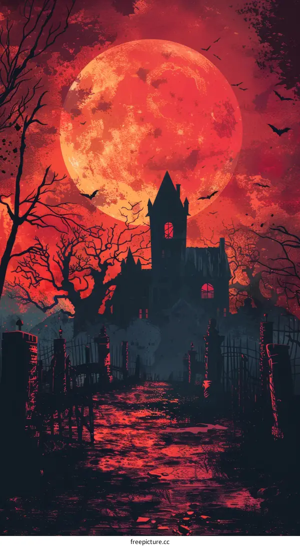 Gothic Vampire Castle Under Eerie Blood Red Moon with Bats