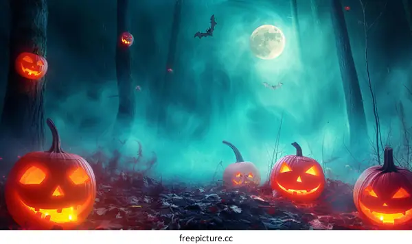 Halloween pumpkins in a spooky forest with a full moon