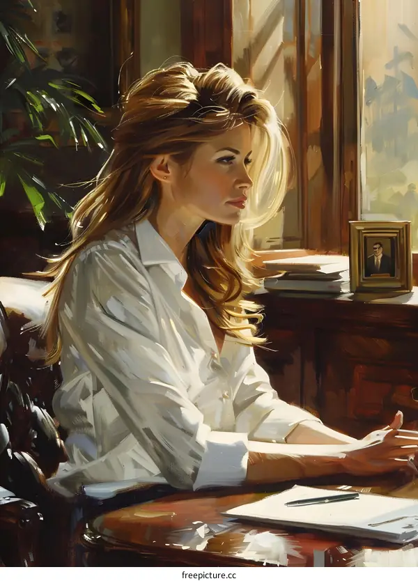 A woman is sitting at a desk looking out the window.