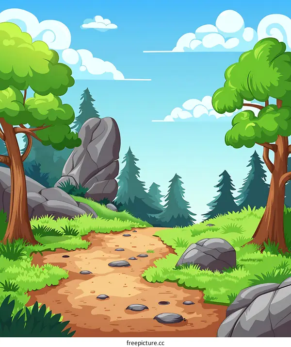 Cartoon Forest Path with Trees and Rocks