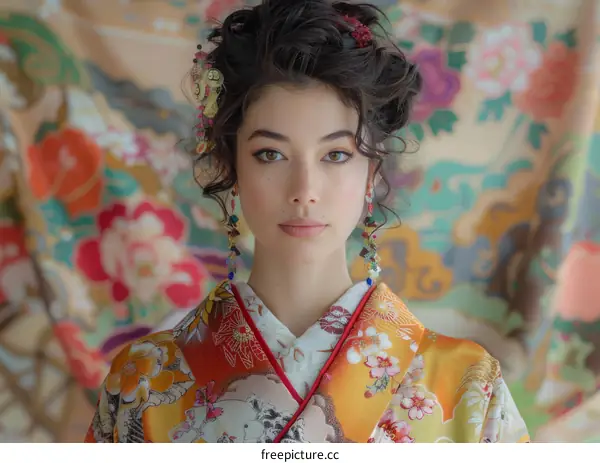 Portrait of a young woman in a kimono with traditional Japanese makeup and hair