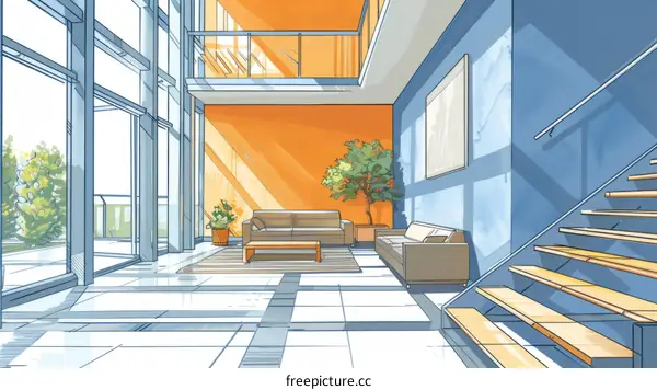 Living room interior in blue and orange tones