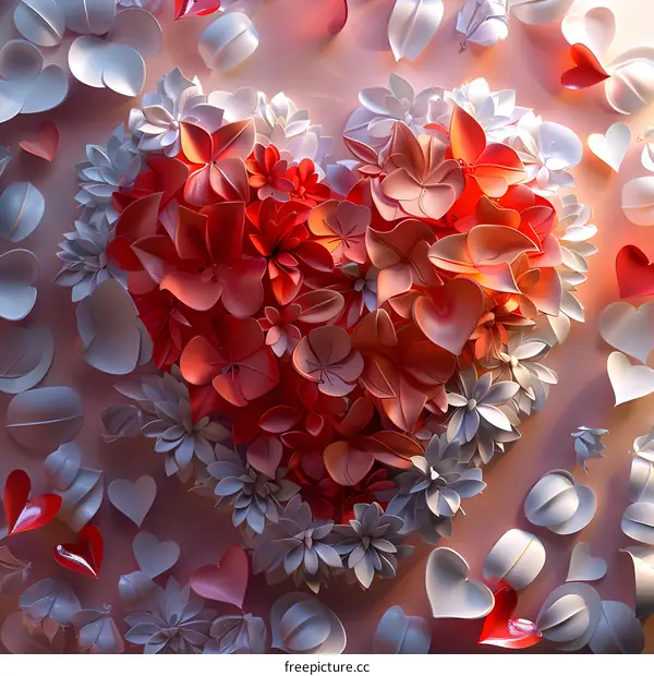 A 3D rendering of a heart made of red and white flowers.