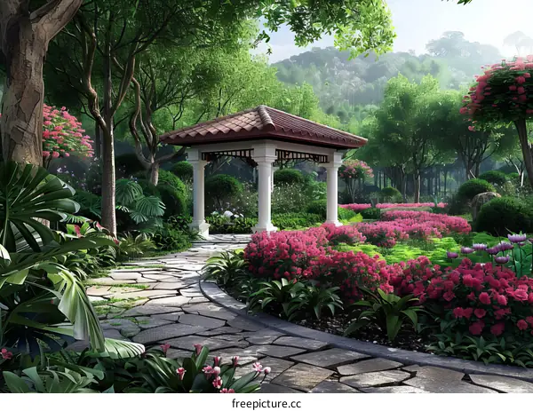 Lush Garden Path with Gazebo and Flowerbeds