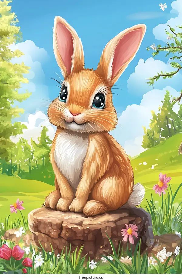 Cute Cartoon Bunny Rabbit Sitting On A Rock