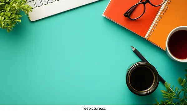Flat Lay Minimalist Workspace with Green Plant, Coffee and Notepad