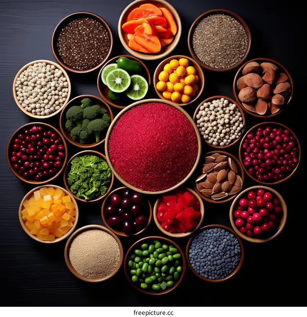 A variety of healthy food ingredients are arranged in a circle on a black background.