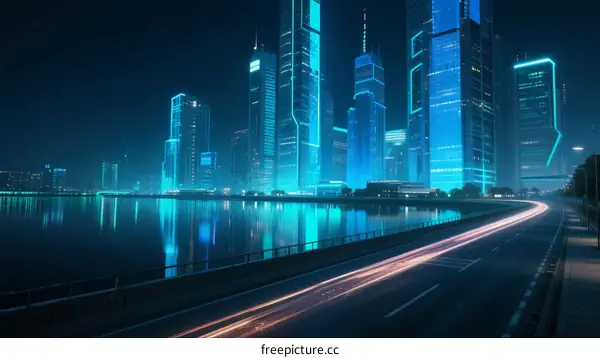 Night view of futuristic city with illuminated skyscrapers and light trails