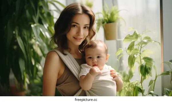 A young mother is holding her baby in a baby carrier