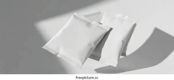 Three White Pillow-Shape Packages on Light Gray Background