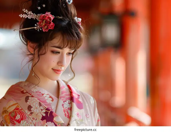 Portrait of a beautiful Japanese woman in traditional kimono