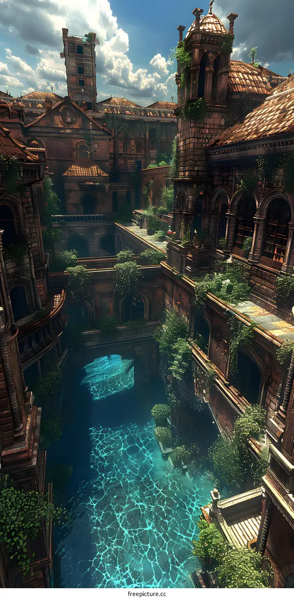 fantasy city ruins overgrown with plants