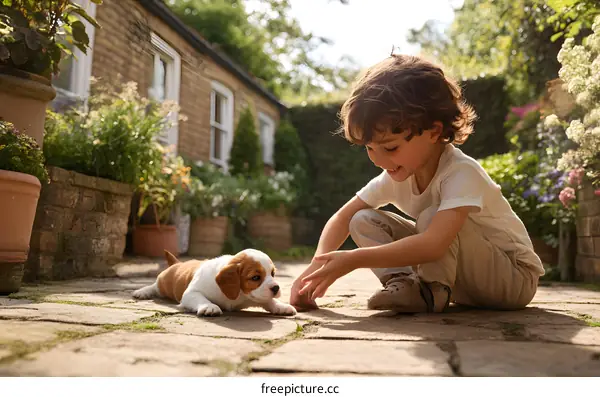 Little Boy Playing with Puppy in Garden