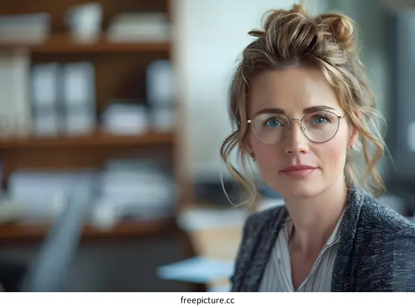Portrait of a young businesswoman wearing glasses and a bun hairstyle