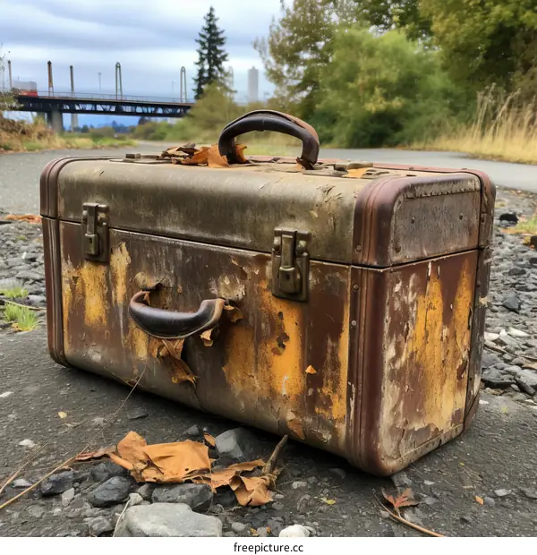 weathered suitcase sits on a rocky road