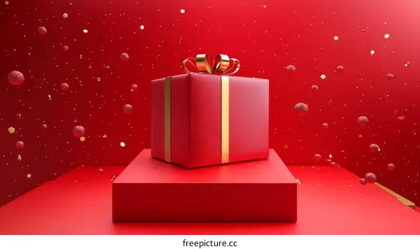 Red Gift Box on a Red Display Platform with Festive Glitter