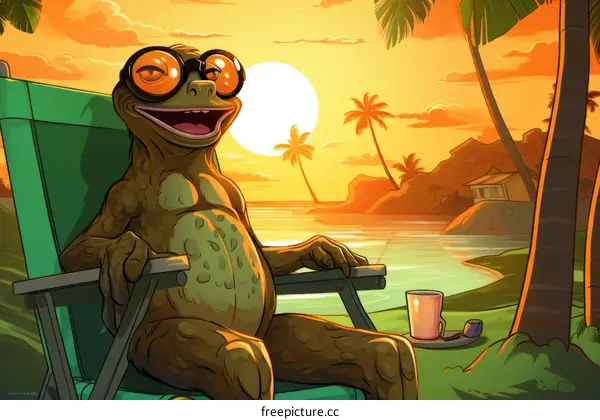 A happy frog wearing sunglasses is sitting on a beach