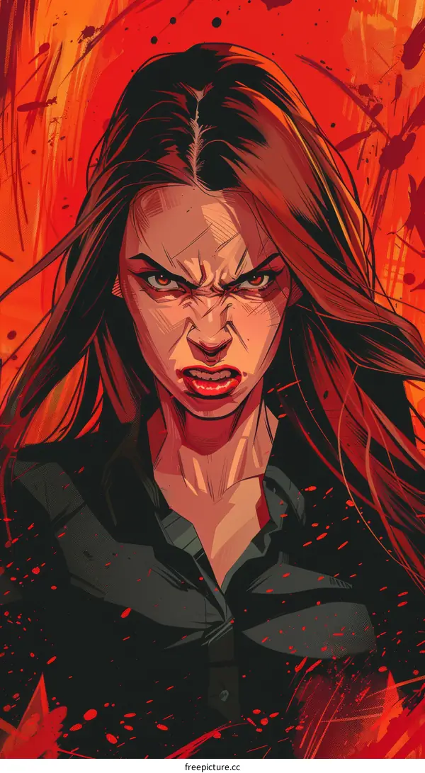 Portrait of a woman with red hair and red eyes, looking angry.