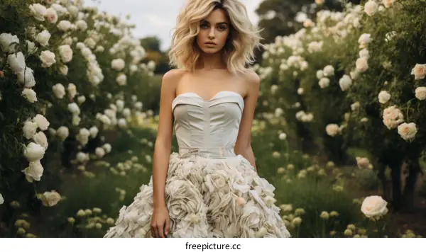 Elegant woman in a white dress posing in a rose garden