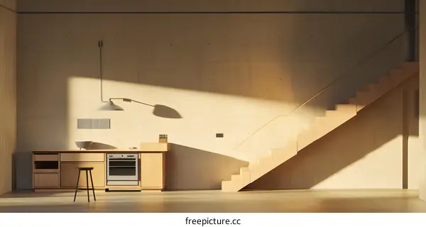 Minimalist Modern Kitchen Interior Design With Wooden Staircase And Light