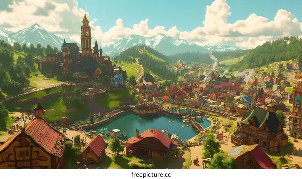 Fantasy Medieval Town Illustration With Castle