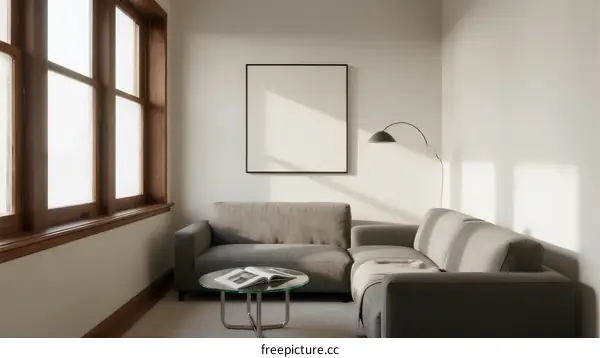 Minimalist living room with large windows and modern sofa