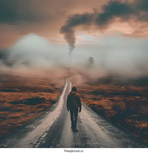 Man Walking on a Foggy Road Towards a Tree