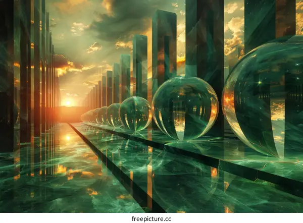 Neon Green Crystal Structure with Glowing Spheres