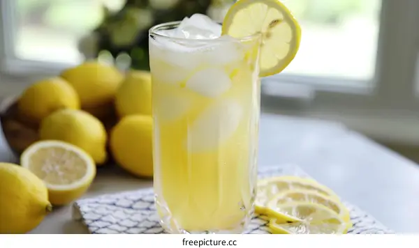 Glass of Lemonade with Lemon Slices and Ice