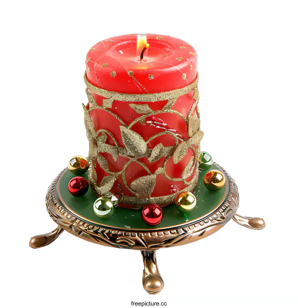 [Transparent Background PNG]Red Christmas Candle with Gold Design and Ornaments