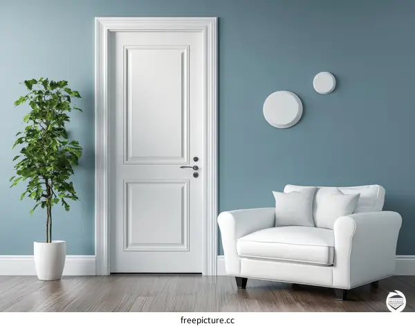 Modern Minimalist Living Room with White Door and Sofa
